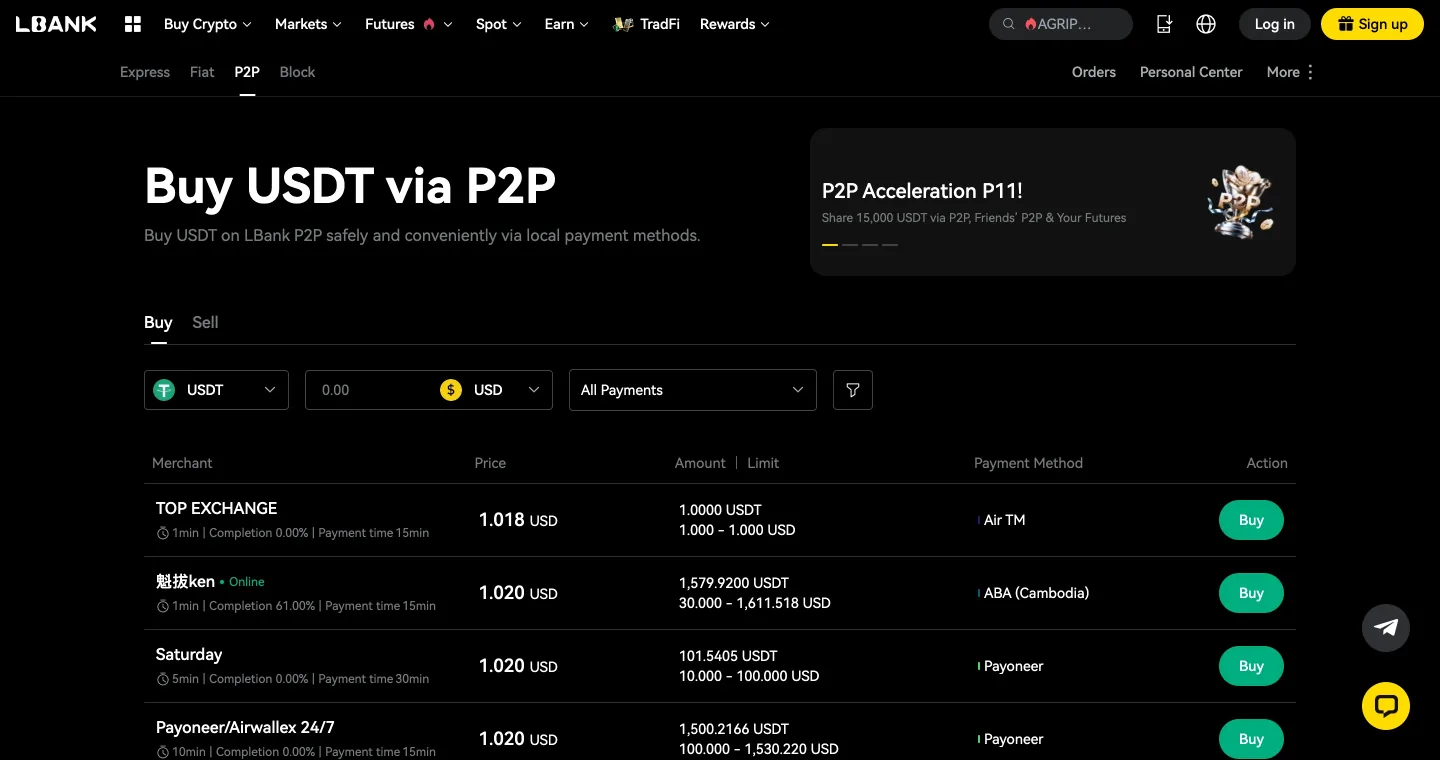 LBank P2P: ads are there, but some merchants show a zero completion rate — check it before you trade