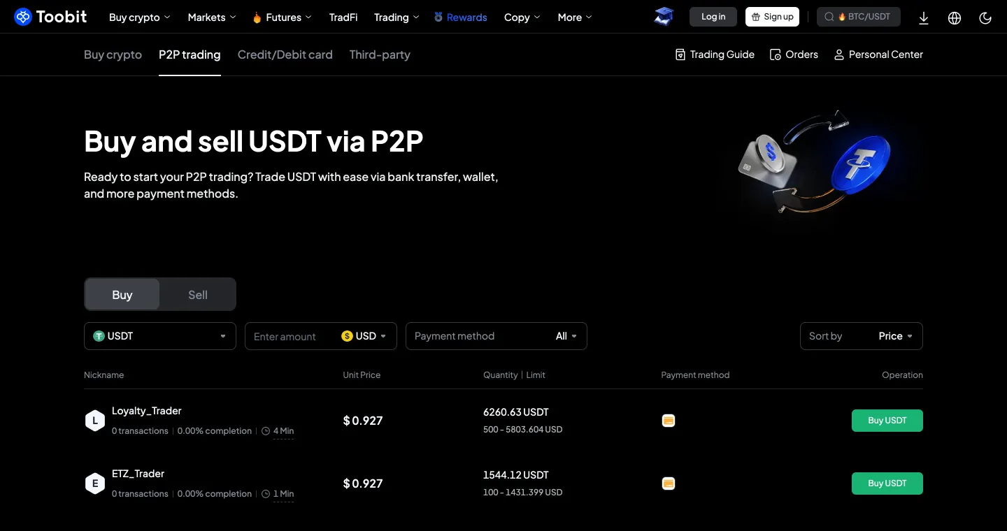 Toobit P2P: a handful of ads per currency, with sellers showing no completed trades — a very young market