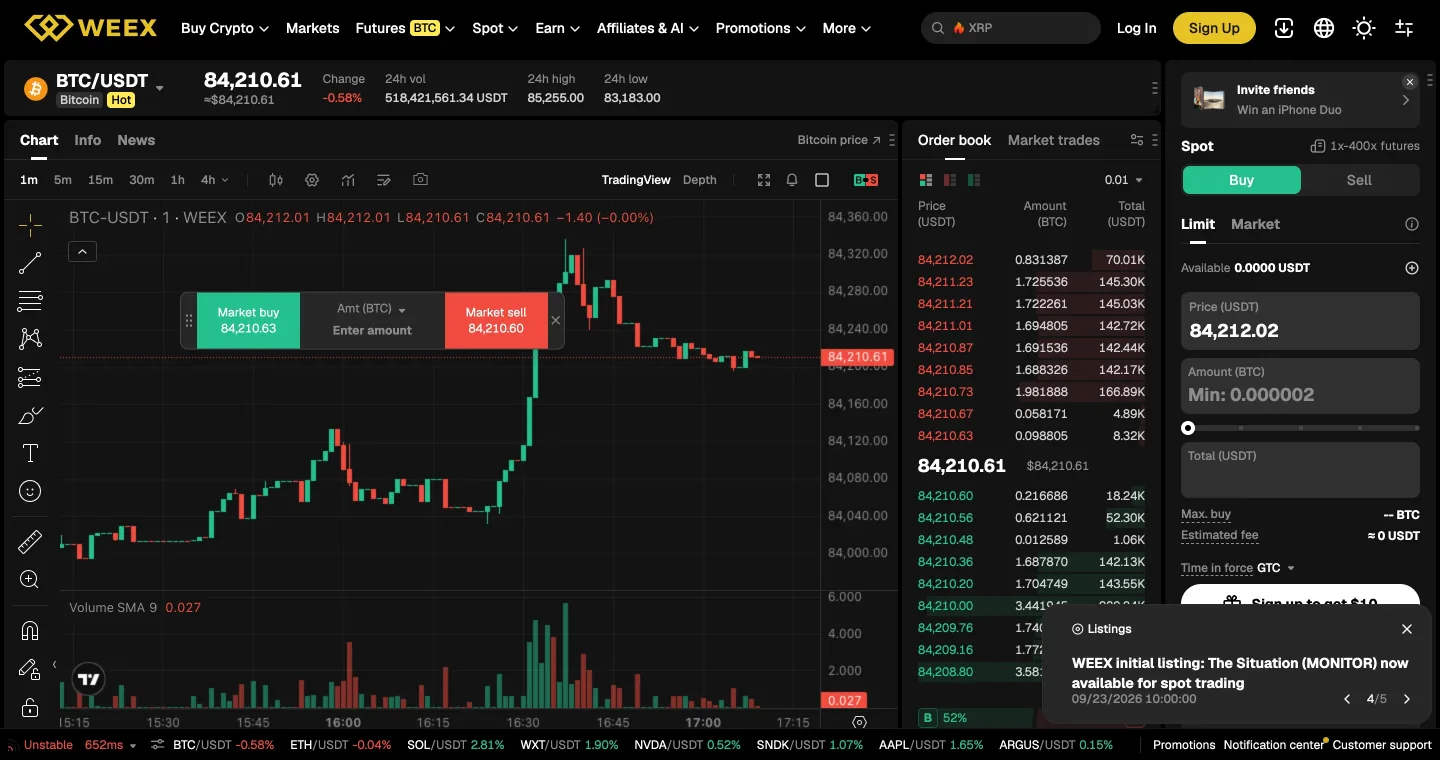 WEEX spot: the BTC/USDT book and chart. The 0.1% rate is the same for maker and taker